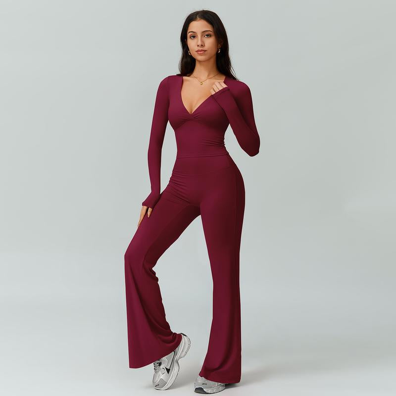 TIMEOFF Women'S 2-Piece Long Sleeve Plunging V-Neck Set with Flipped Waist High-Waist Flared Leggings for Gym & Street Yoga Workout Activewear