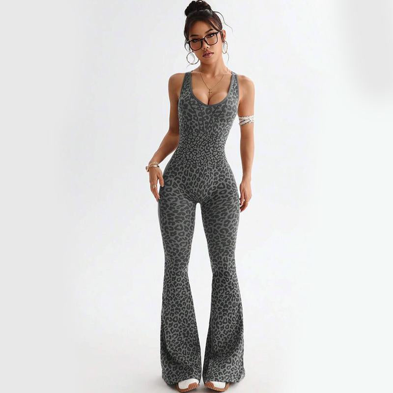 Women'S Leopard Print One-Piece Flared Workout Bodysuit, Sexy Hollow Cross Twisted Back Design Fitness Women'S Clothing Backless High-Waisted Yoga Jumpsuit Stylish Activewear Women'S Bodycon Workout Tracksuit Set High Waist Flare Leg Pant Sporty Yoga Set