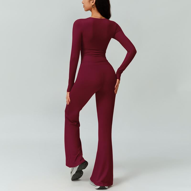 TIMEOFF Women'S 2-Piece Long Sleeve Plunging V-Neck Set with Flipped Waist High-Waist Flared Leggings for Gym & Street Yoga Workout Activewear