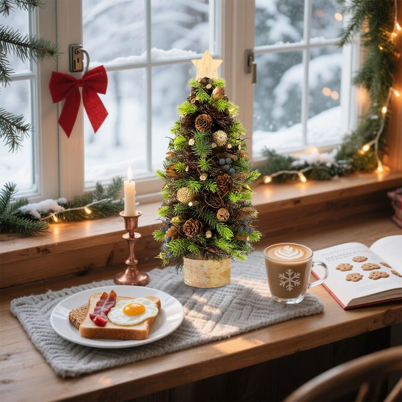 Mini Christmas Tree with Base Artificial Pine Tabletop Tree for Office Reception Window Display & Party Decor with Pinecones and Ornaments