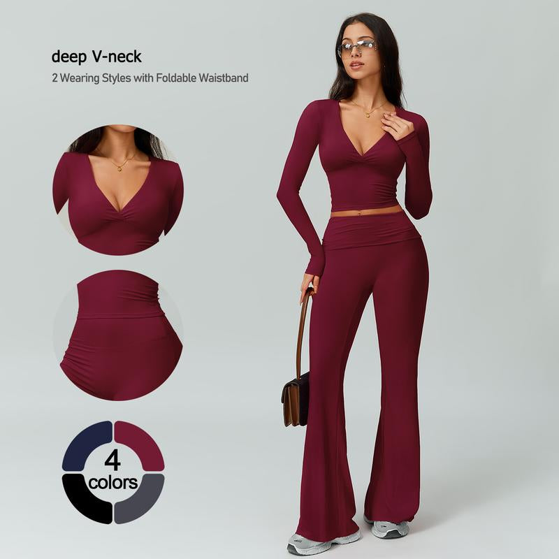 TIMEOFF Women'S 2-Piece Long Sleeve Plunging V-Neck Set with Flipped Waist High-Waist Flared Leggings for Gym & Street Yoga Workout Activewear