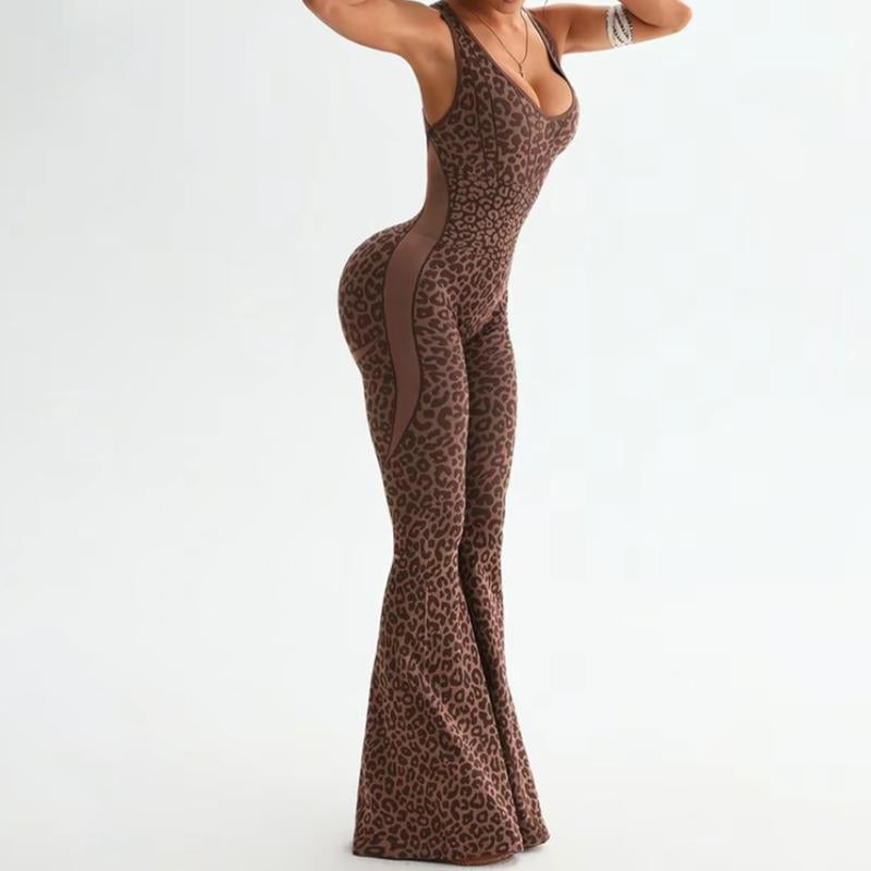 Women'S Leopard Print One-Piece Flared Workout Bodysuit, Sexy Hollow Cross Twisted Back Design Fitness Women'S Clothing Backless High-Waisted Yoga Jumpsuit Stylish Activewear Women'S Bodycon Workout Tracksuit Set High Waist Flare Leg Pant Sporty Yoga Set