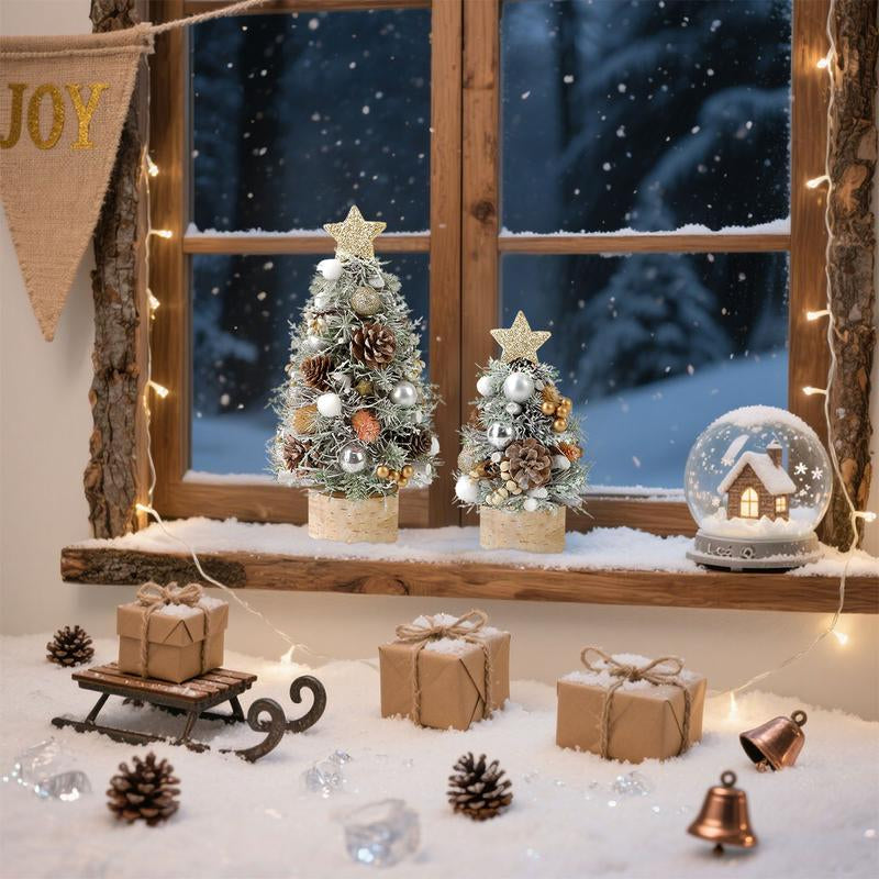Mini Christmas Tree with Base Artificial Pine Tabletop Tree for Office Reception Window Display & Party Decor with Pinecones and Ornaments