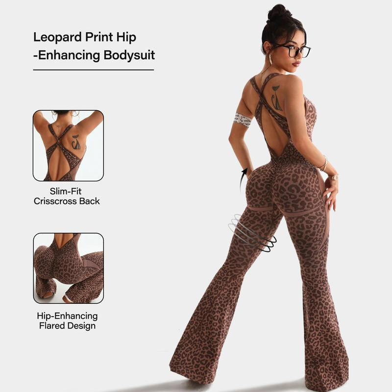Women'S Leopard Print One-Piece Flared Workout Bodysuit, Sexy Hollow Cross Twisted Back Design Fitness Women'S Clothing Backless High-Waisted Yoga Jumpsuit Stylish Activewear Women'S Bodycon Workout Tracksuit Set High Waist Flare Leg Pant Sporty Yoga Set