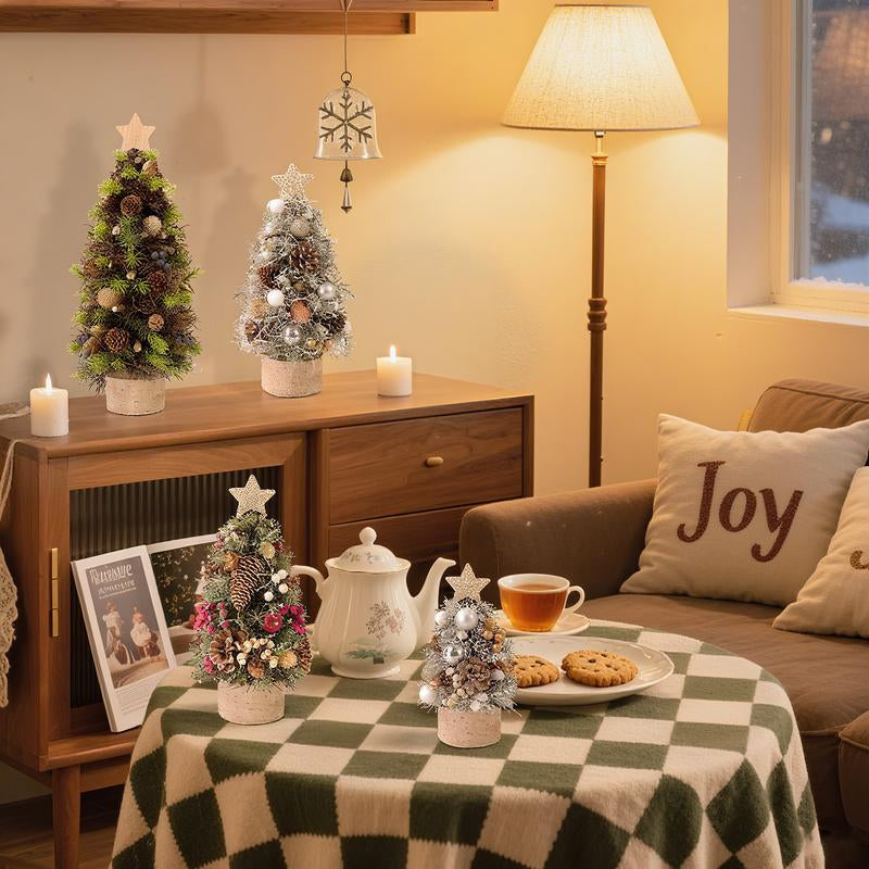 Mini Christmas Tree with Base Artificial Pine Tabletop Tree for Office Reception Window Display & Party Decor with Pinecones and Ornaments