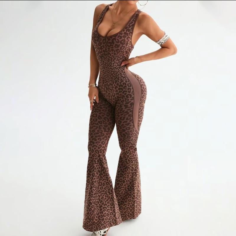 Women'S Leopard Print One-Piece Flared Workout Bodysuit, Sexy Hollow Cross Twisted Back Design Fitness Women'S Clothing Backless High-Waisted Yoga Jumpsuit Stylish Activewear Women'S Bodycon Workout Tracksuit Set High Waist Flare Leg Pant Sporty Yoga Set