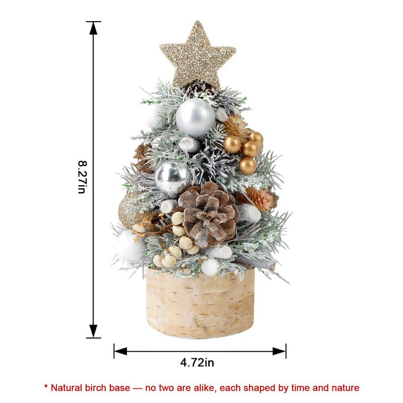 Mini Christmas Tree with Base Artificial Pine Tabletop Tree for Office Reception Window Display & Party Decor with Pinecones and Ornaments