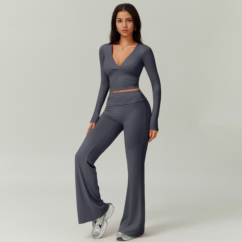 TIMEOFF Women'S 2-Piece Long Sleeve Plunging V-Neck Set with Flipped Waist High-Waist Flared Leggings for Gym & Street Yoga Workout Activewear