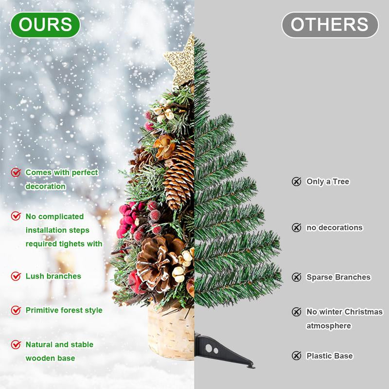 Mini Christmas Tree with Base Artificial Pine Tabletop Tree for Office Reception Window Display & Party Decor with Pinecones and Ornaments