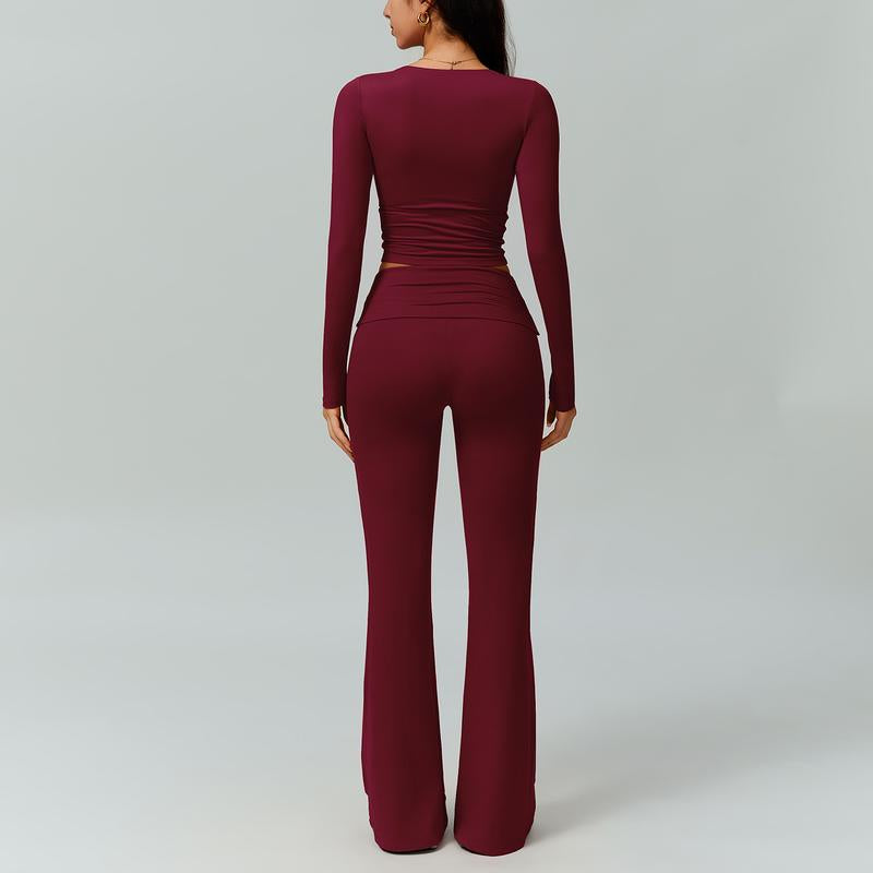 TIMEOFF Women'S 2-Piece Long Sleeve Plunging V-Neck Set with Flipped Waist High-Waist Flared Leggings for Gym & Street Yoga Workout Activewear